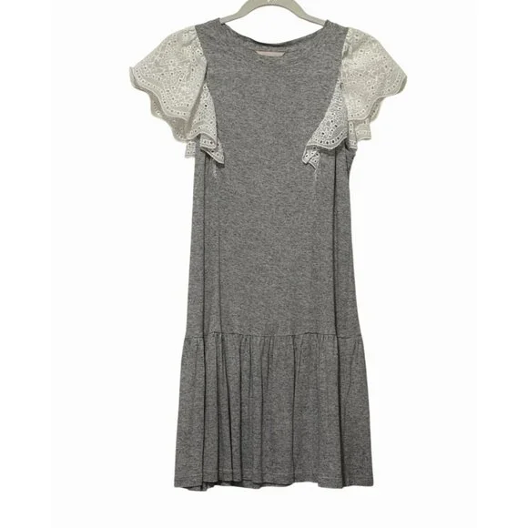 Rebecca Taylor White Eyelet Flutter Sleeve Tiered Mini Tee Dress Grey Casual XS - Picture 2 of 9